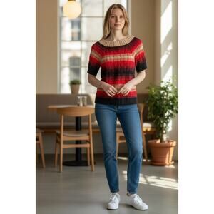 2/$30 THE LIMITED Sweater Size XS Red Cream Knit Short Sleeve Cotton Wool Blend